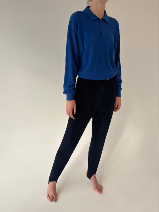Pantaloni vintage albastru cerneală din corduroy în croi super revenit în trend