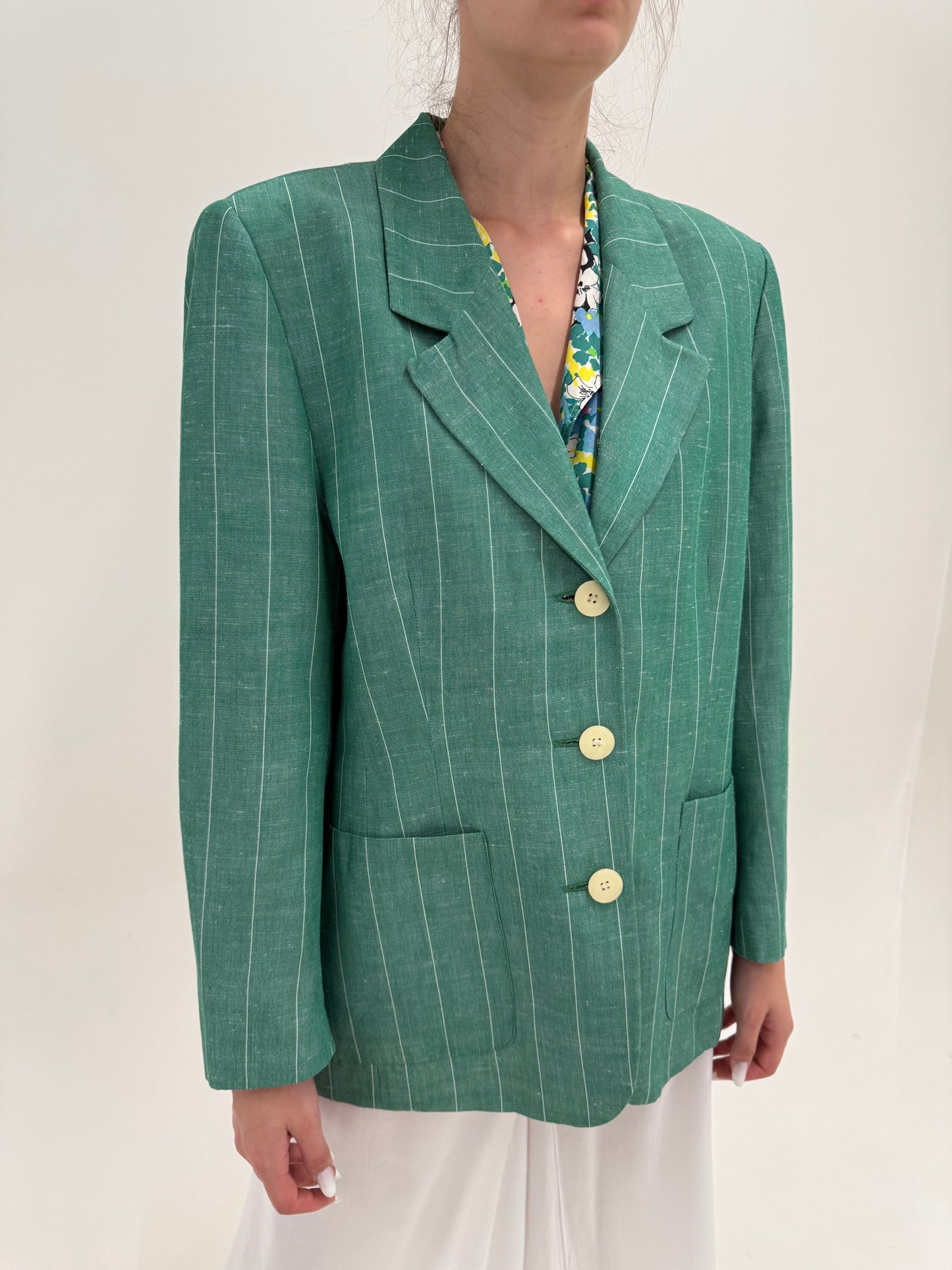 Sacou italian emerald green în dungi fine verticale din pânză