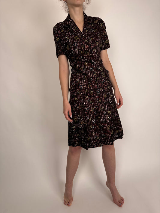 Set vintage ușor satinat cu print burgundy