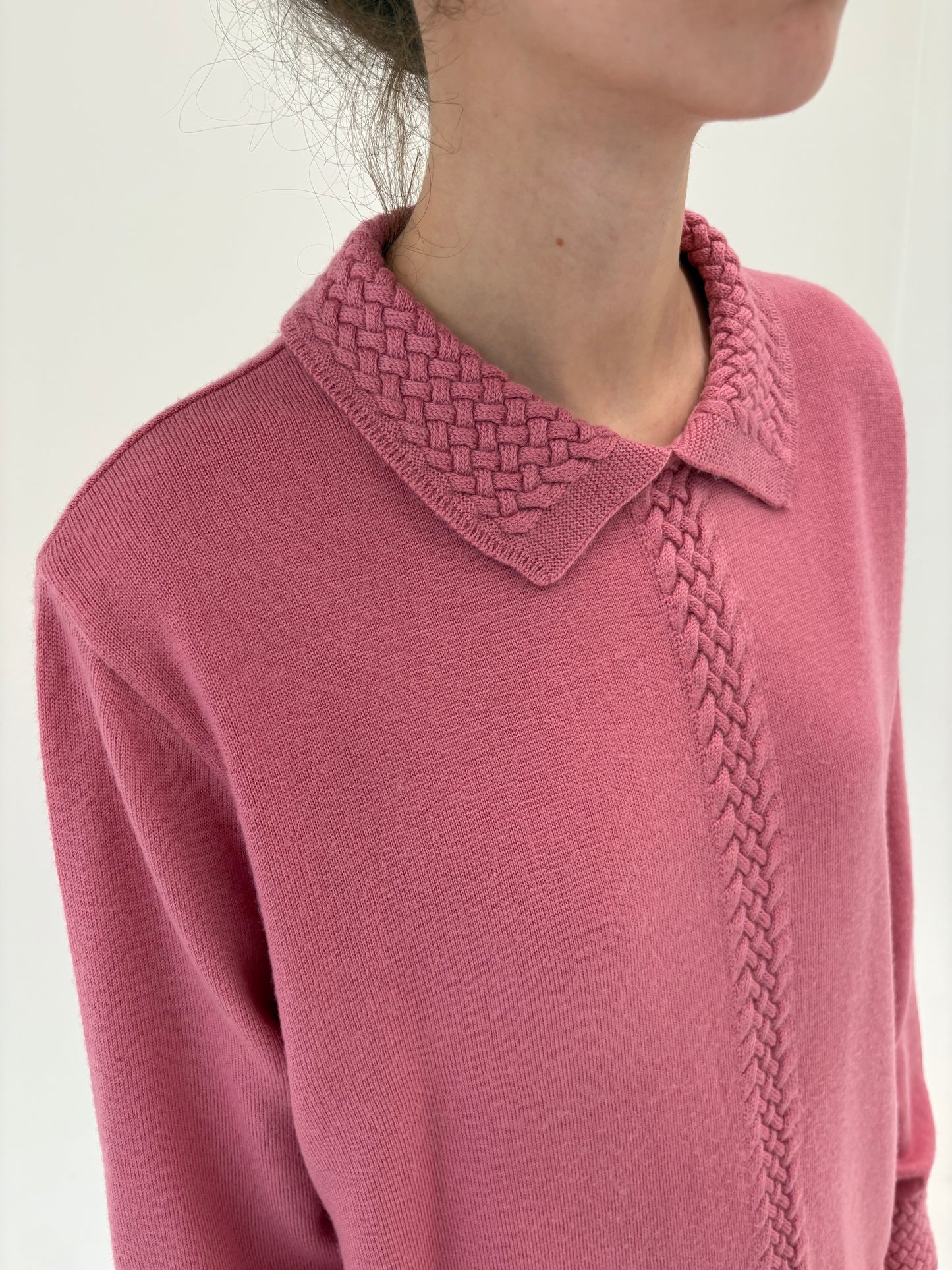 Pulover polo powder Pink din lana merino extrafina certificată de gramaj mare