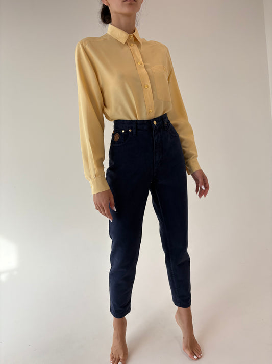 Jeans vintage luxury Trussardi dark wash in croi mom fit cu talie ultra înaltă