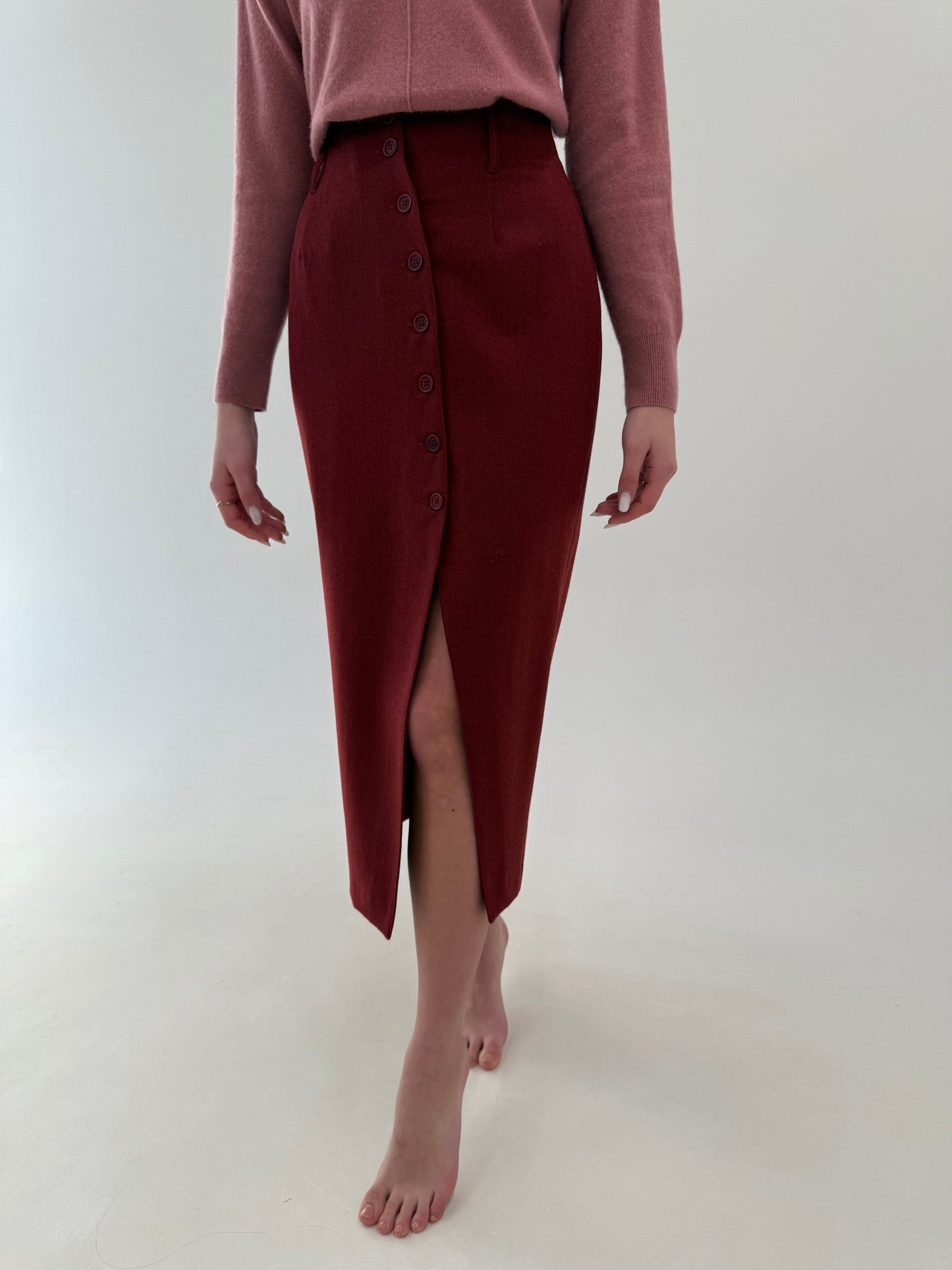 Deux piece vintage terracotta red cu fustă maxi și sacou cambrat