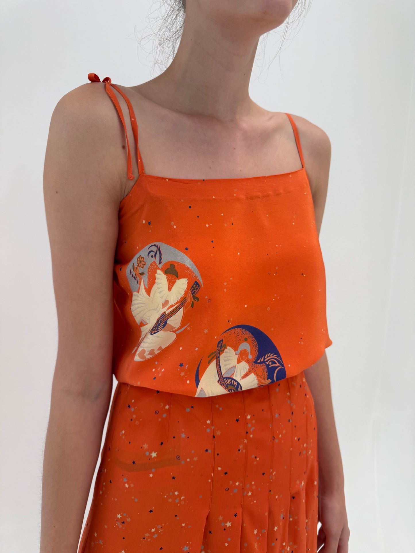 Set vintage din mătase naturală pumpkin orange cu print delicat și buline