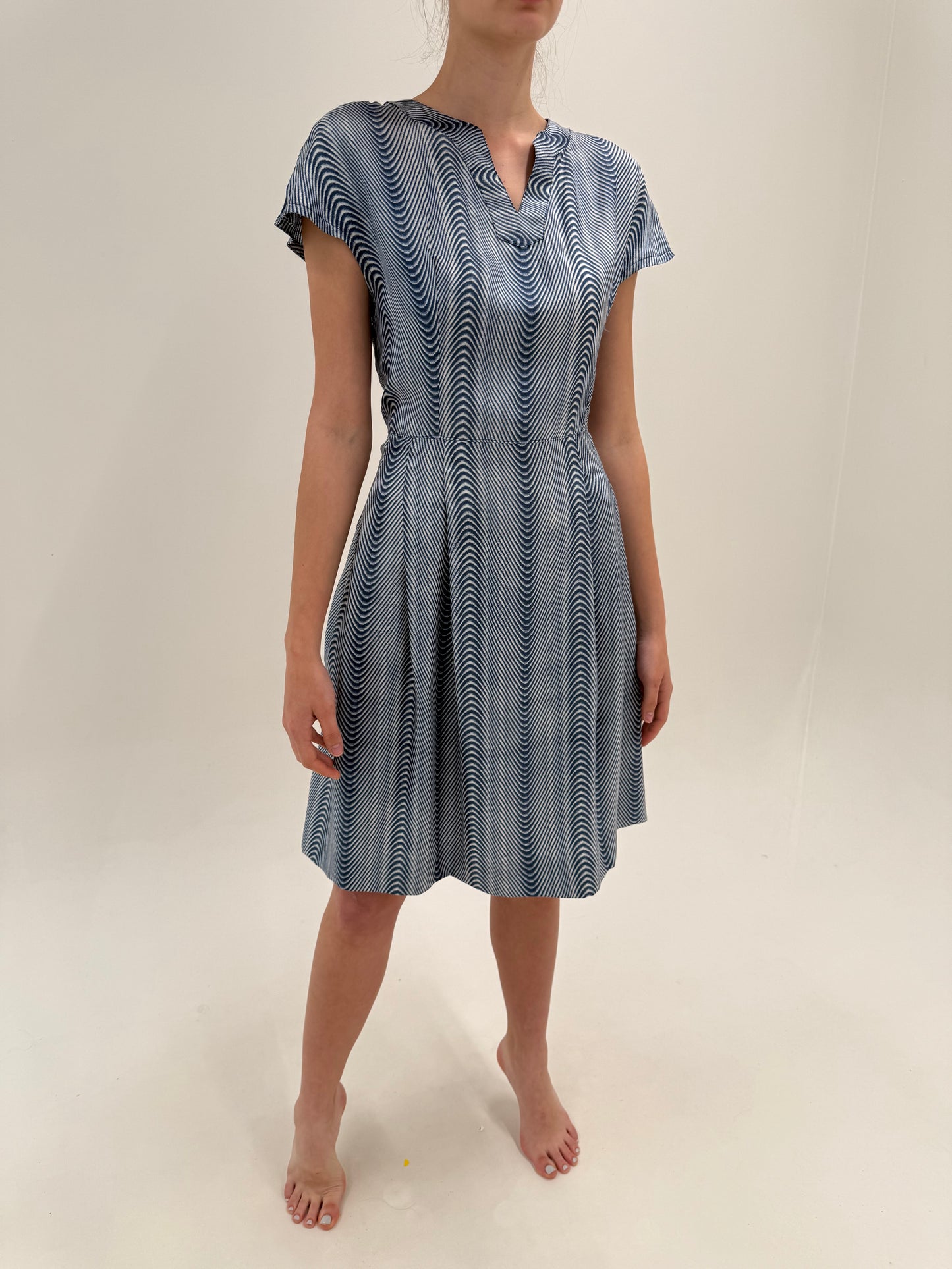 Rochie vintage jeans Blue din mătase naturală cu print și talie marcată ultra înaltă