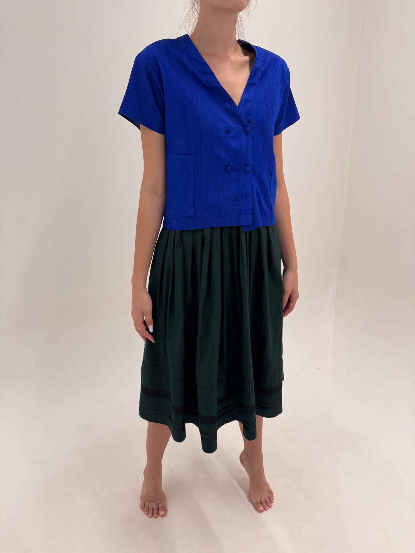 Fustă dark green vintage midi lung din mătase naturală dupioni de la zi la seară