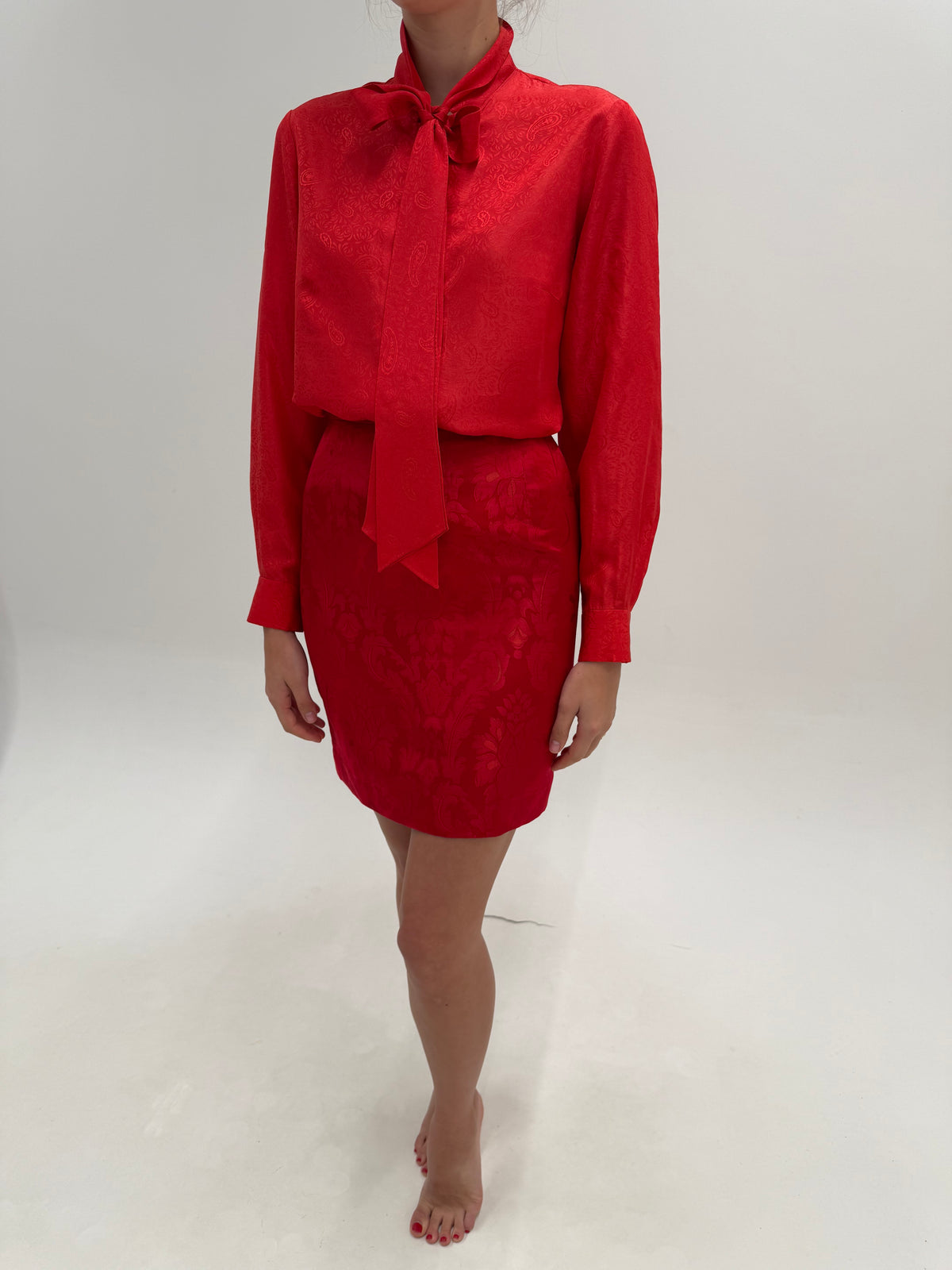 Costum vintage de brand super premium Rena Lange din brocart de mătase naturală