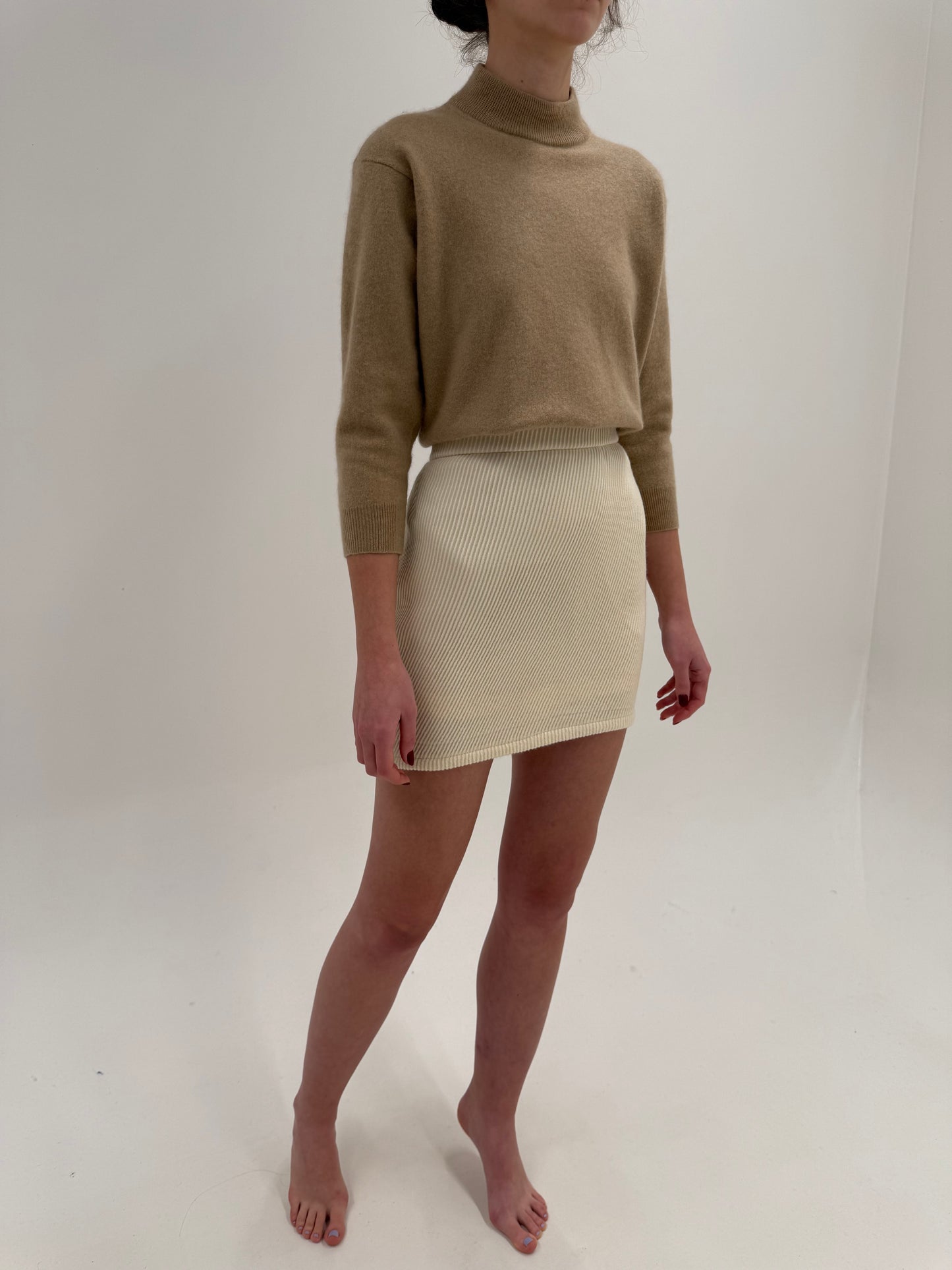 Fustă mini cu talie ultra înaltă din stofă groasă de lana texturată