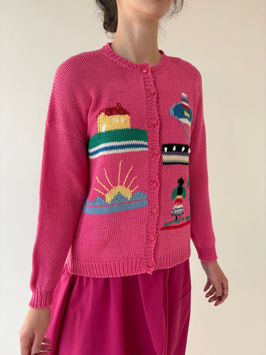 Cardigan vintage Barbie pink lucrat manual din bumbac de gramaj mare