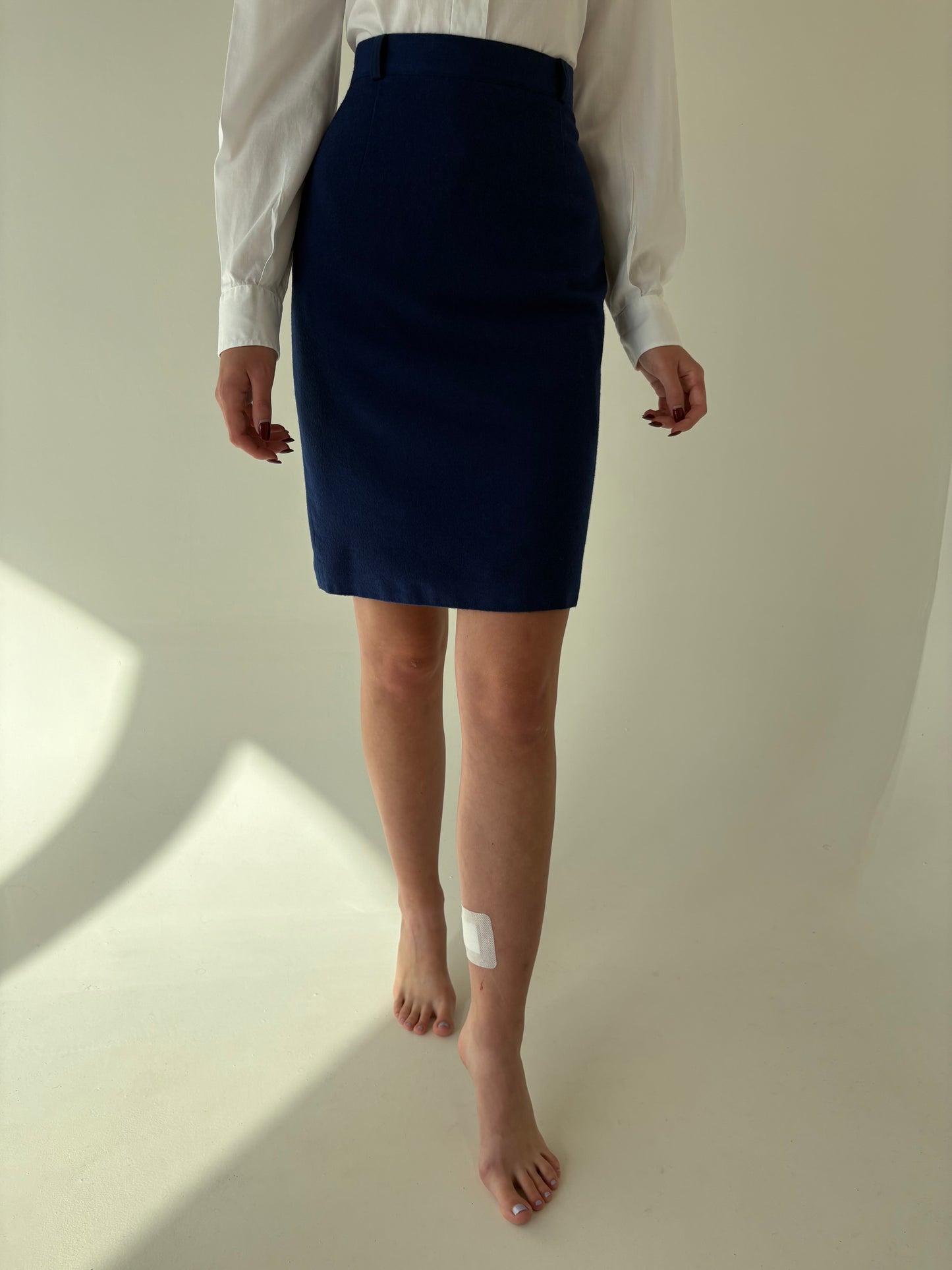 Fustă italiană conică albastru cerneală cu talie ultra înaltă din lana pura