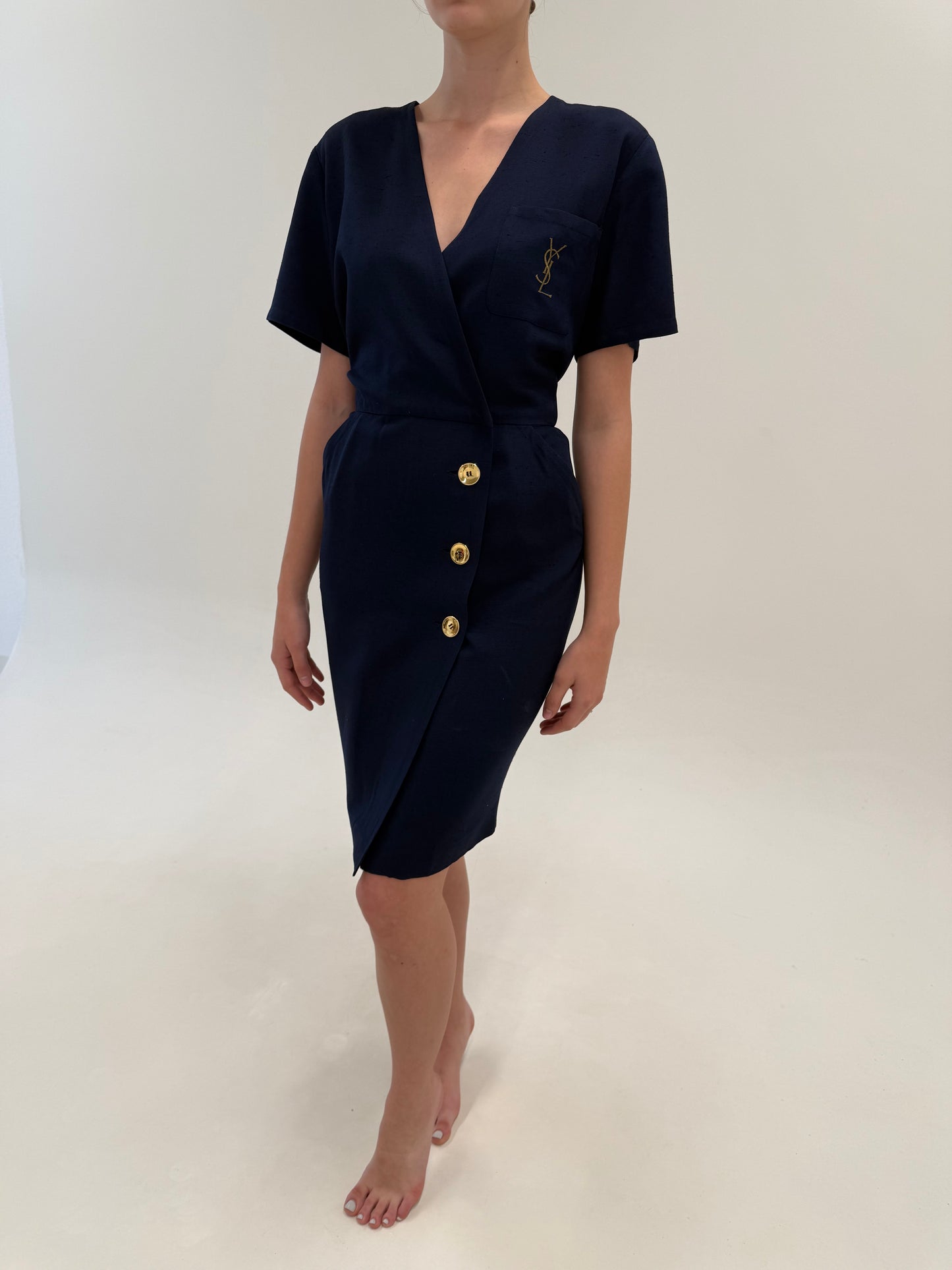 Rochie vintage Yves Saint Laurent în croi petrecut de colecție din pânză de in