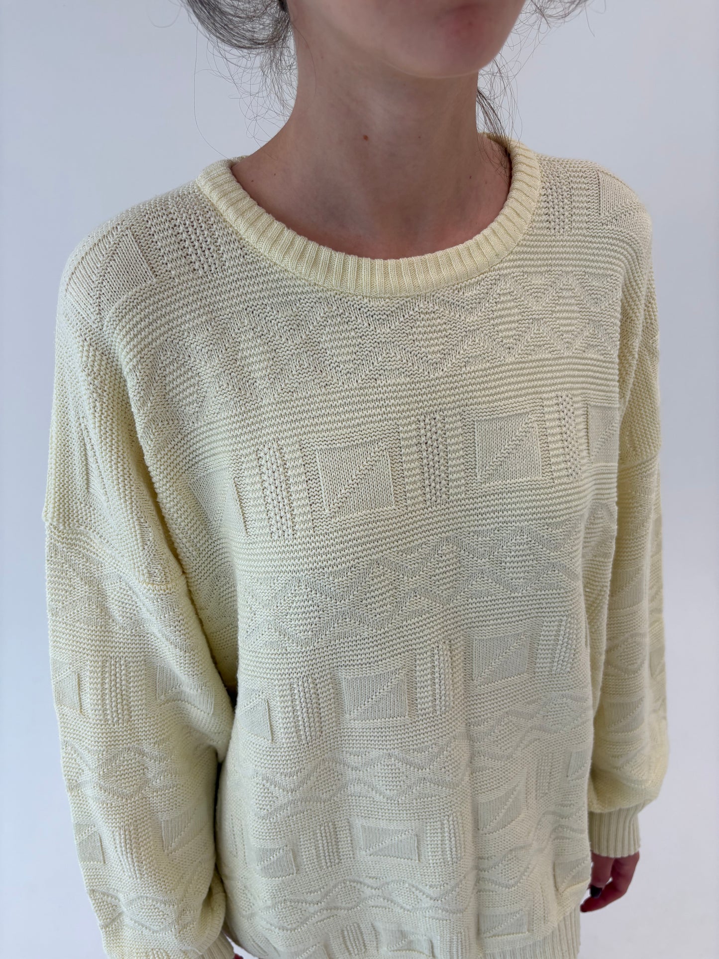 Pulover vintage butter yellow în croi lejer din bumbac de gramaj mare