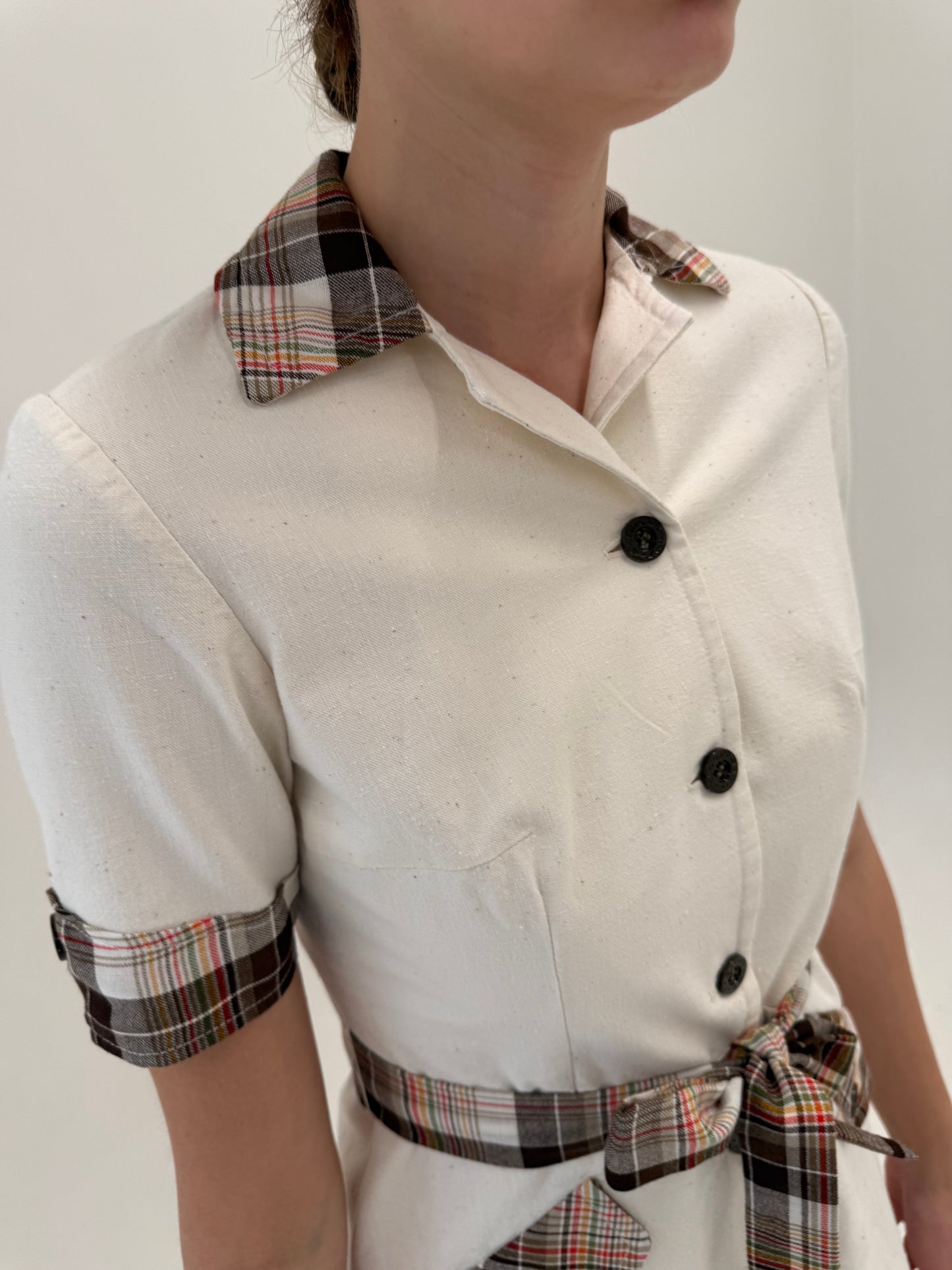 Rochie Old vintage din pânză de in cu talie marcată reglabilă