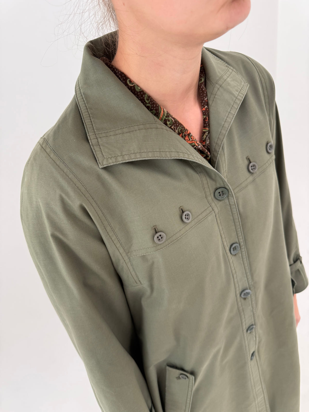 Trench vintage petite dark green cu interior din lana din gabardină impermeabilă
