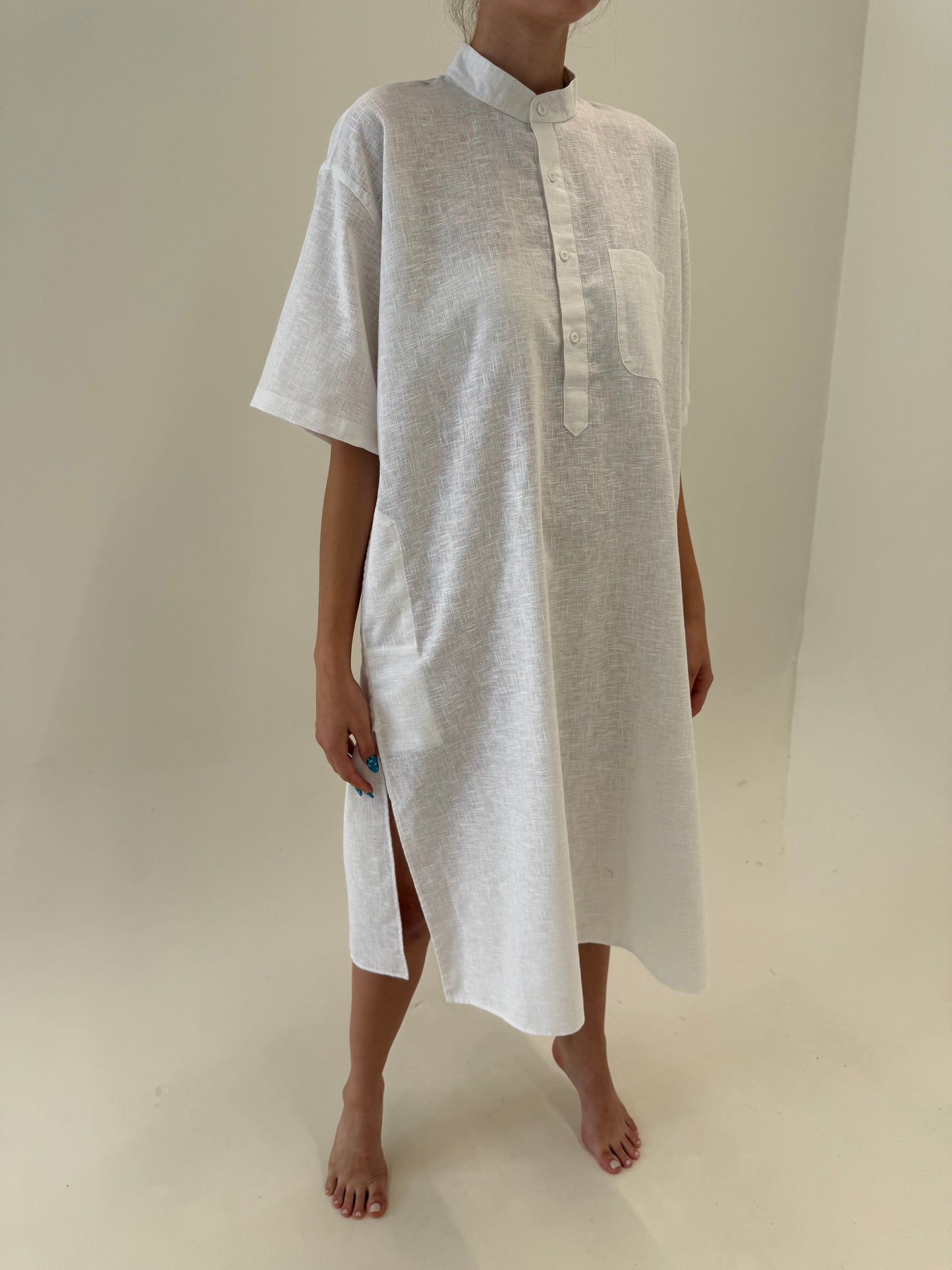 Rochie vintage din pânză moale de bumbac în croi tip tunica cu buzunare