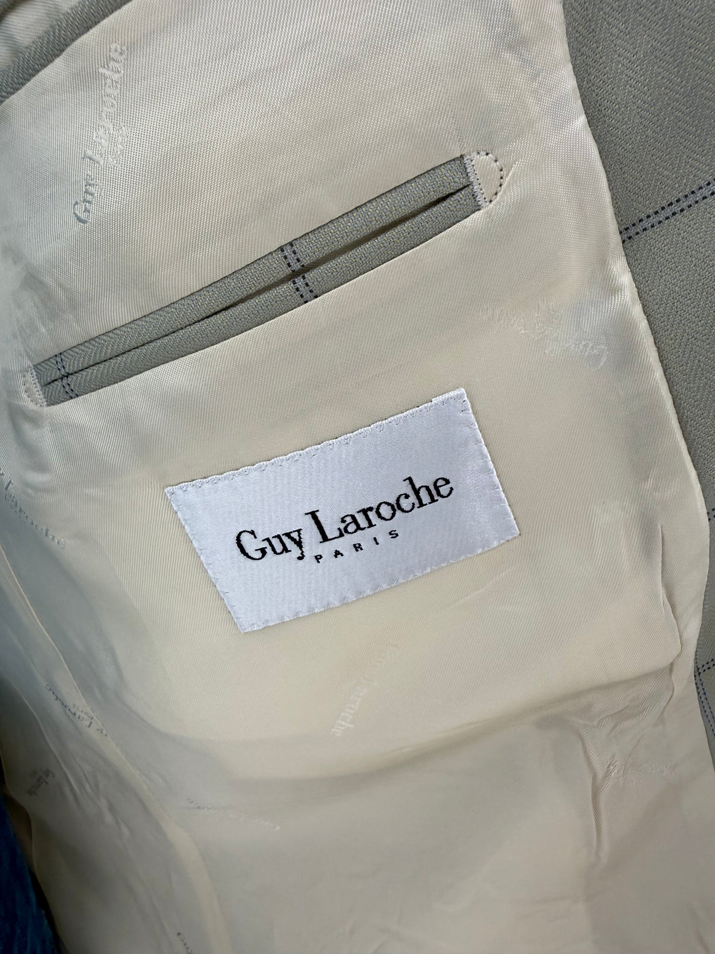 Sacou luxury Guy Laroche light green în carouri fine jeans blue