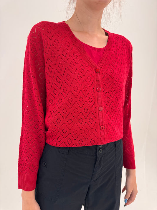 Cardigan dantelat tip macrame ruby red din bumbac și vascoza