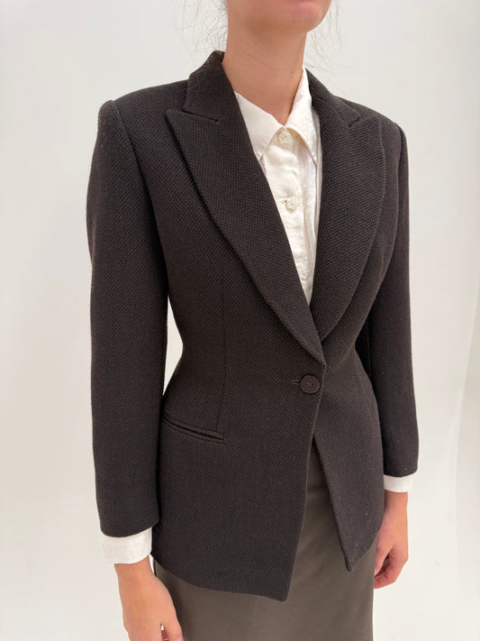 Sacou Armani dark brown din lana honeycomb weave și închidere tip smoking