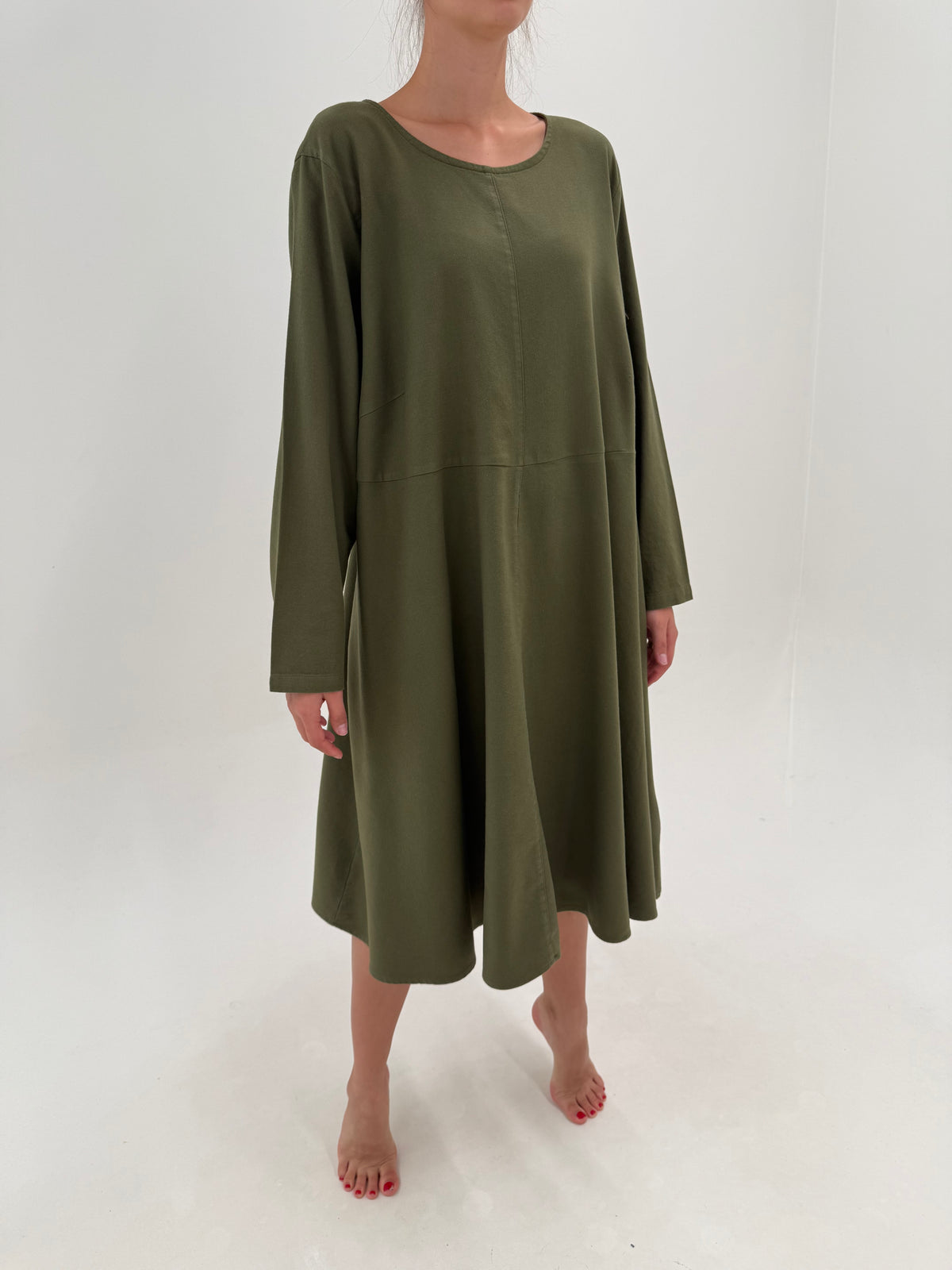Rochie kaki din bumbac gros de toamnă în croi minimalist A-line