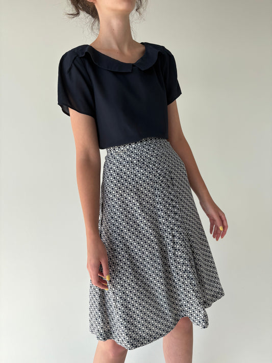 Fustă vintage din mătase naturală mată cu print geometric