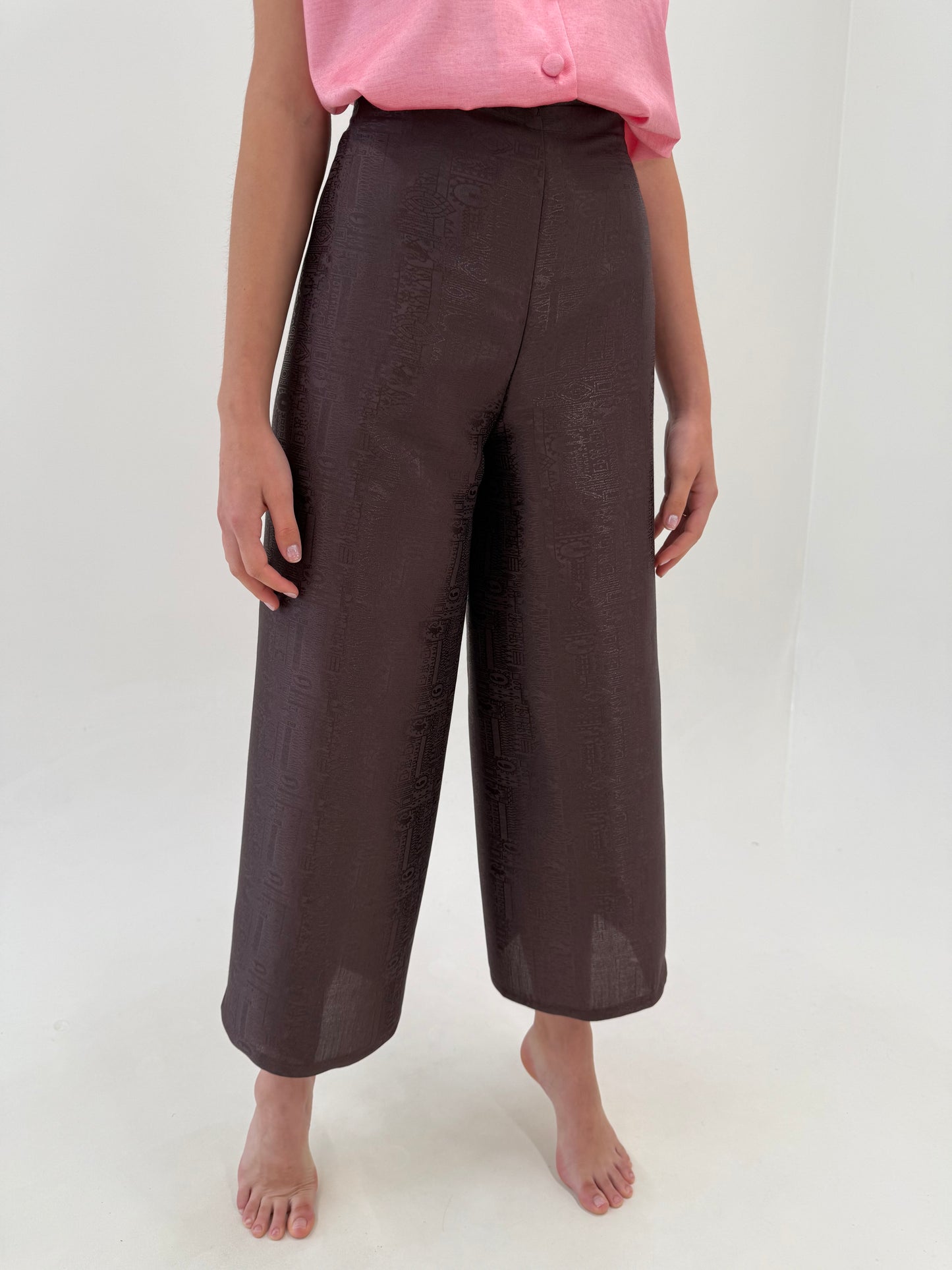 Pantaloni palazzo reglabili din mătase matuala jacquard dark chocolate brown
