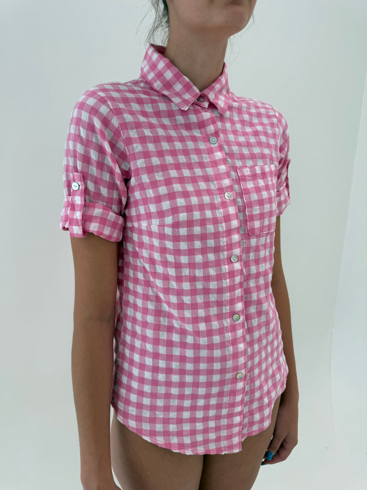 Cămașa gingham barbie Pink din pânză de bumbac cu maneci ușor reglabile