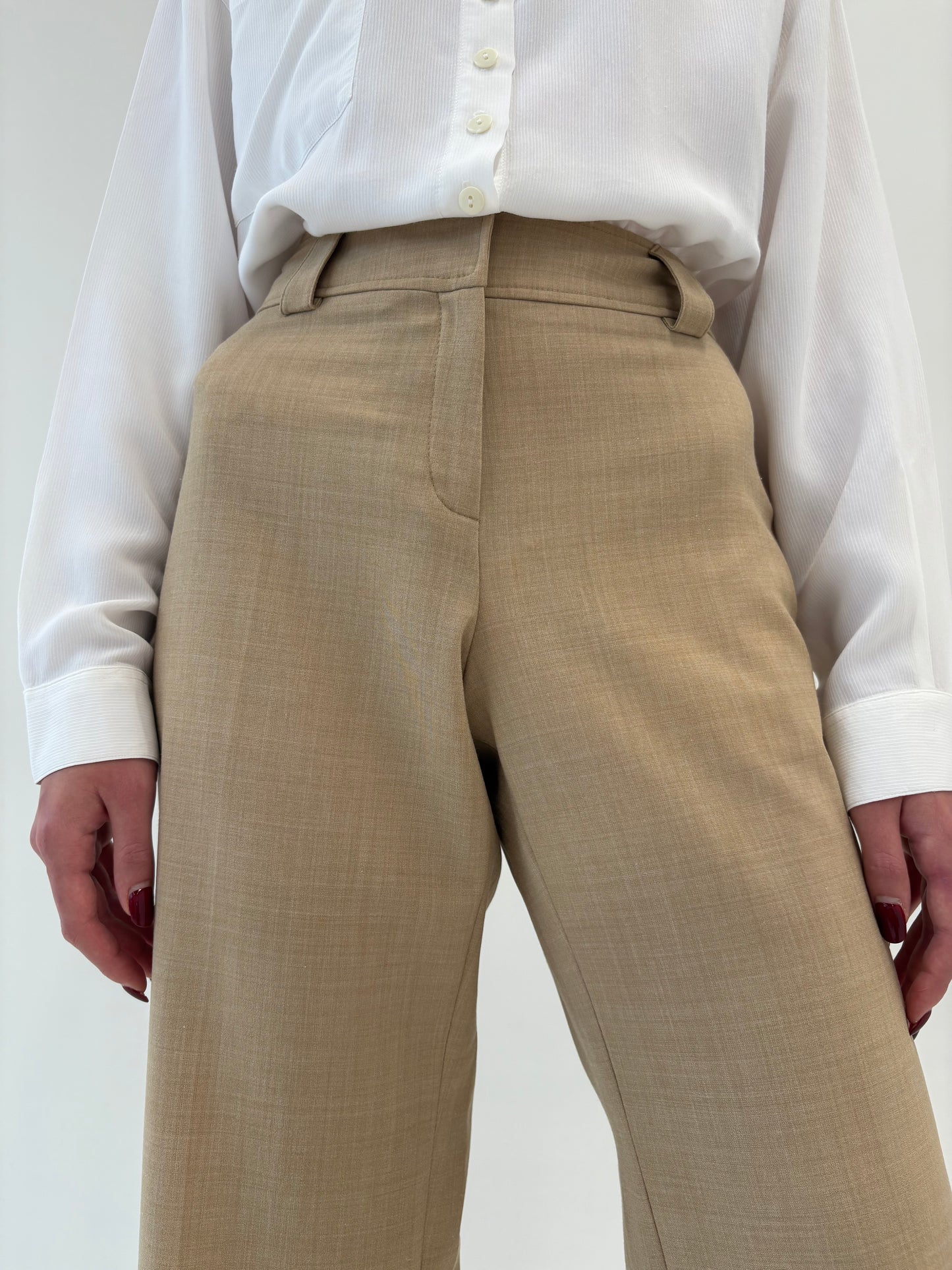 Pantaloni camel palazzo din mix de lana extrafina ușor strech