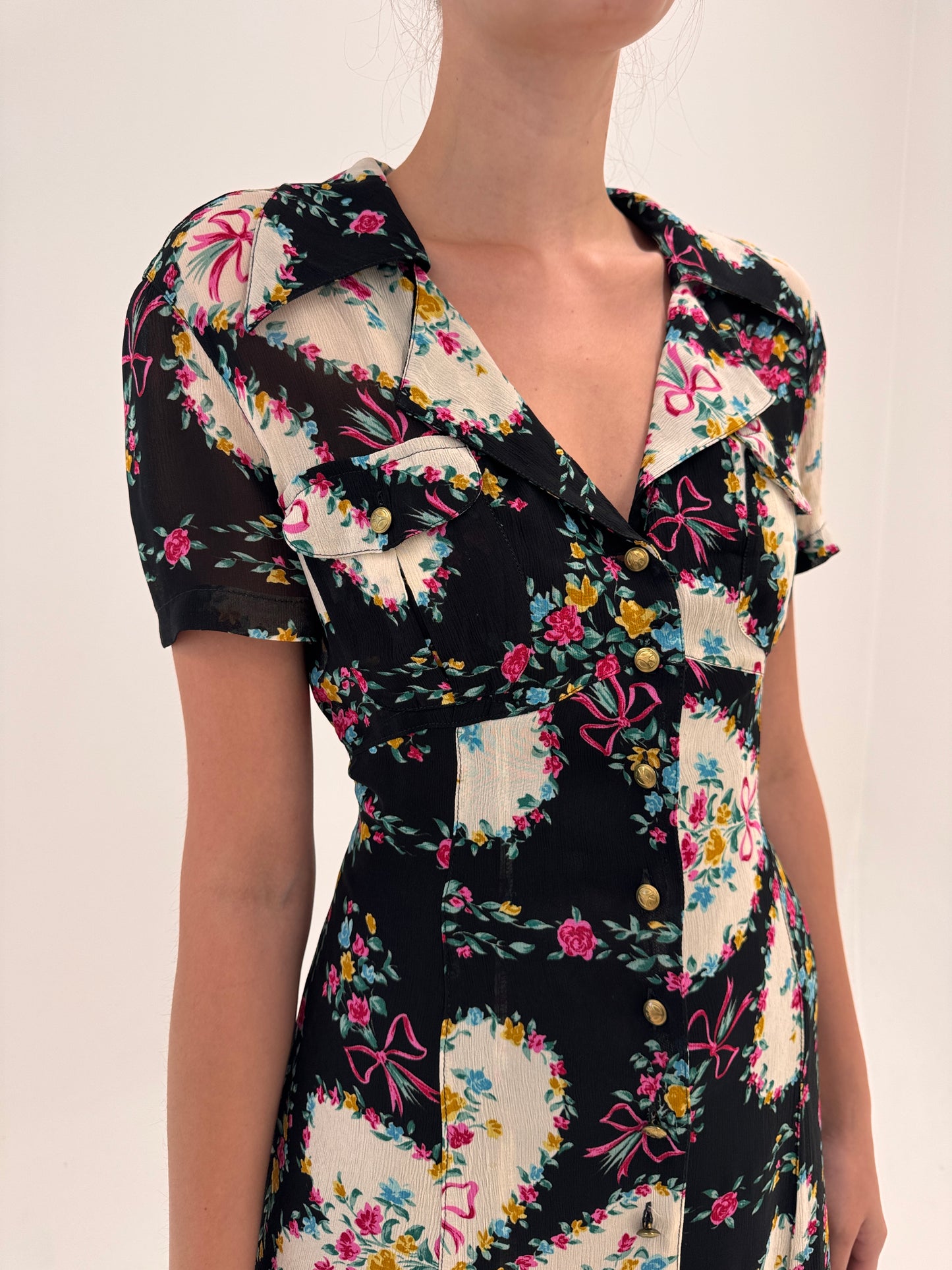 Rochie Moschino neagra cu print în culori tari și talie marcată