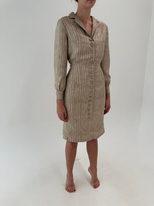 Rochie old vintage Haute Couture anii 70 din twill de mătase naturală cu efect moiré