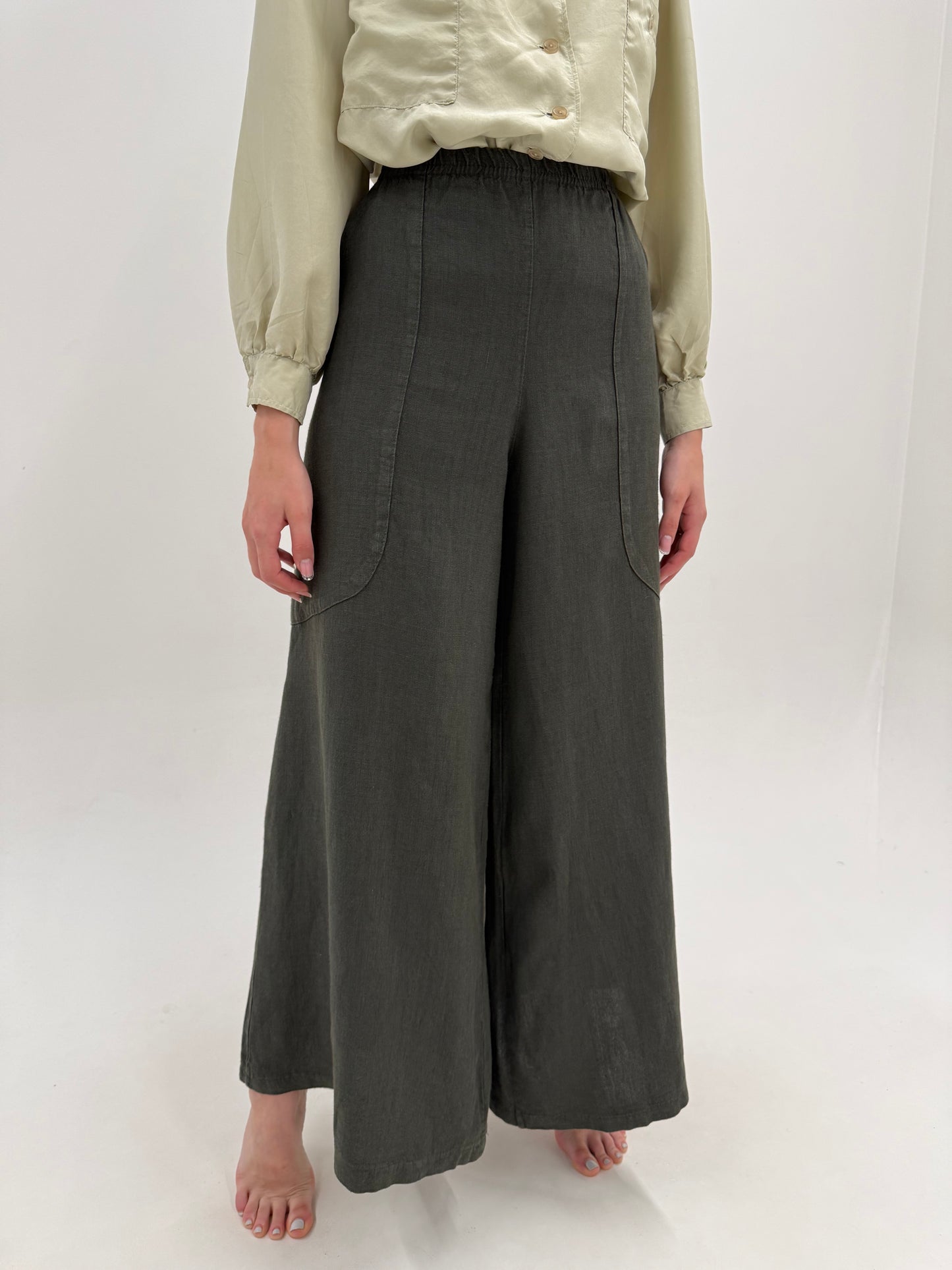 Pantaloni palazzo ultra ampli din pânză grea de in dark green