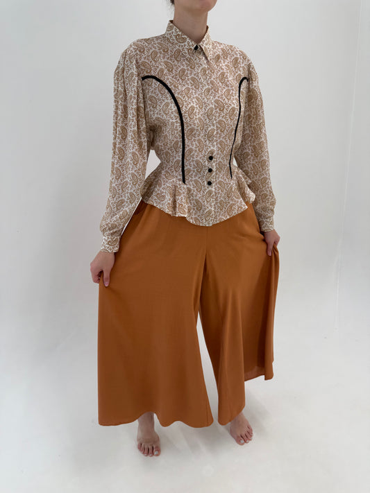 Pantaloni palazzo ultra ampli super vaporoși caramel brown cu talie ultra înaltă