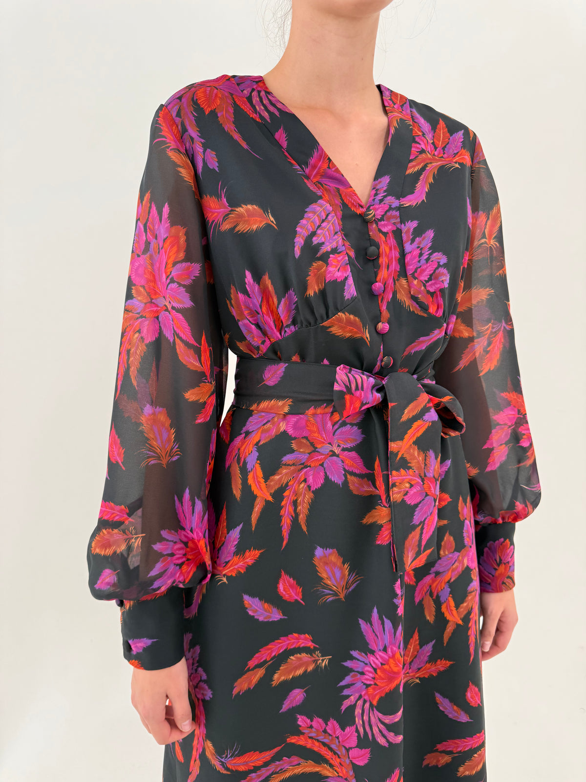 LBD vintage de la business la cocktail cu  print superb și talie ultra înaltă reglabilă