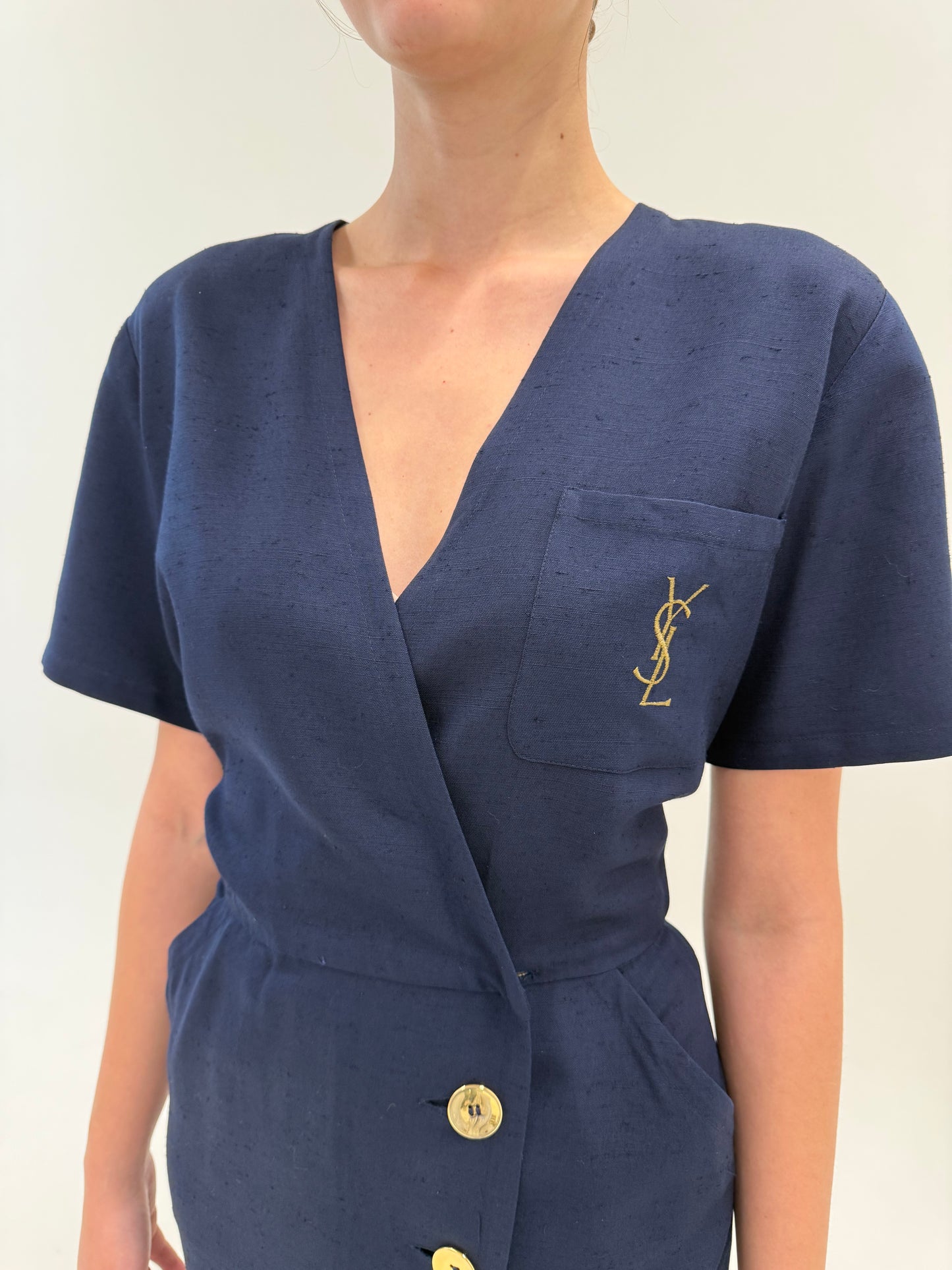 Rochie vintage Yves Saint Laurent în croi petrecut de colecție din pânză de in