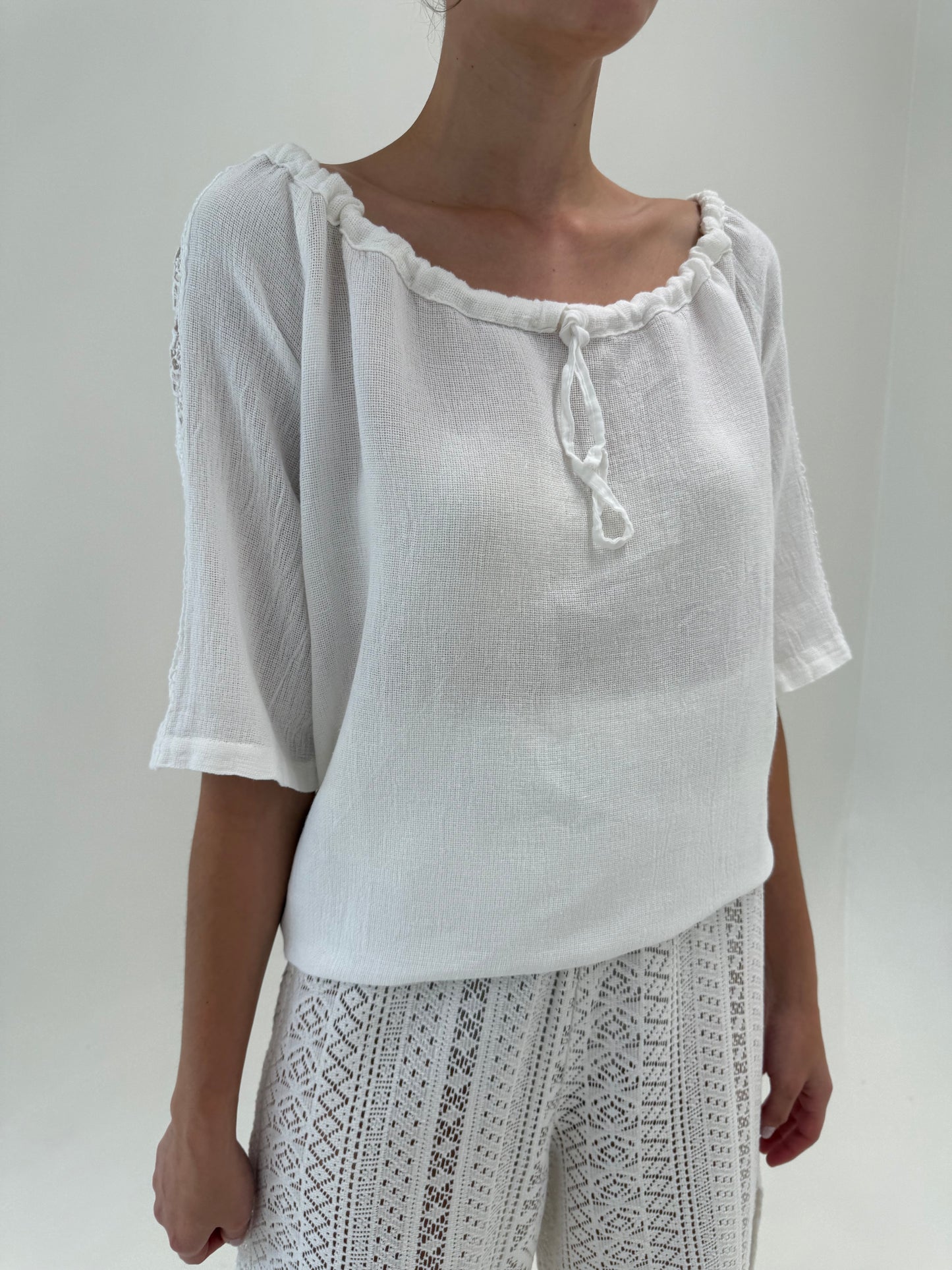 Tunica lunga/ rochie din pânză excepțională de in și bumbac cu inserții macrame