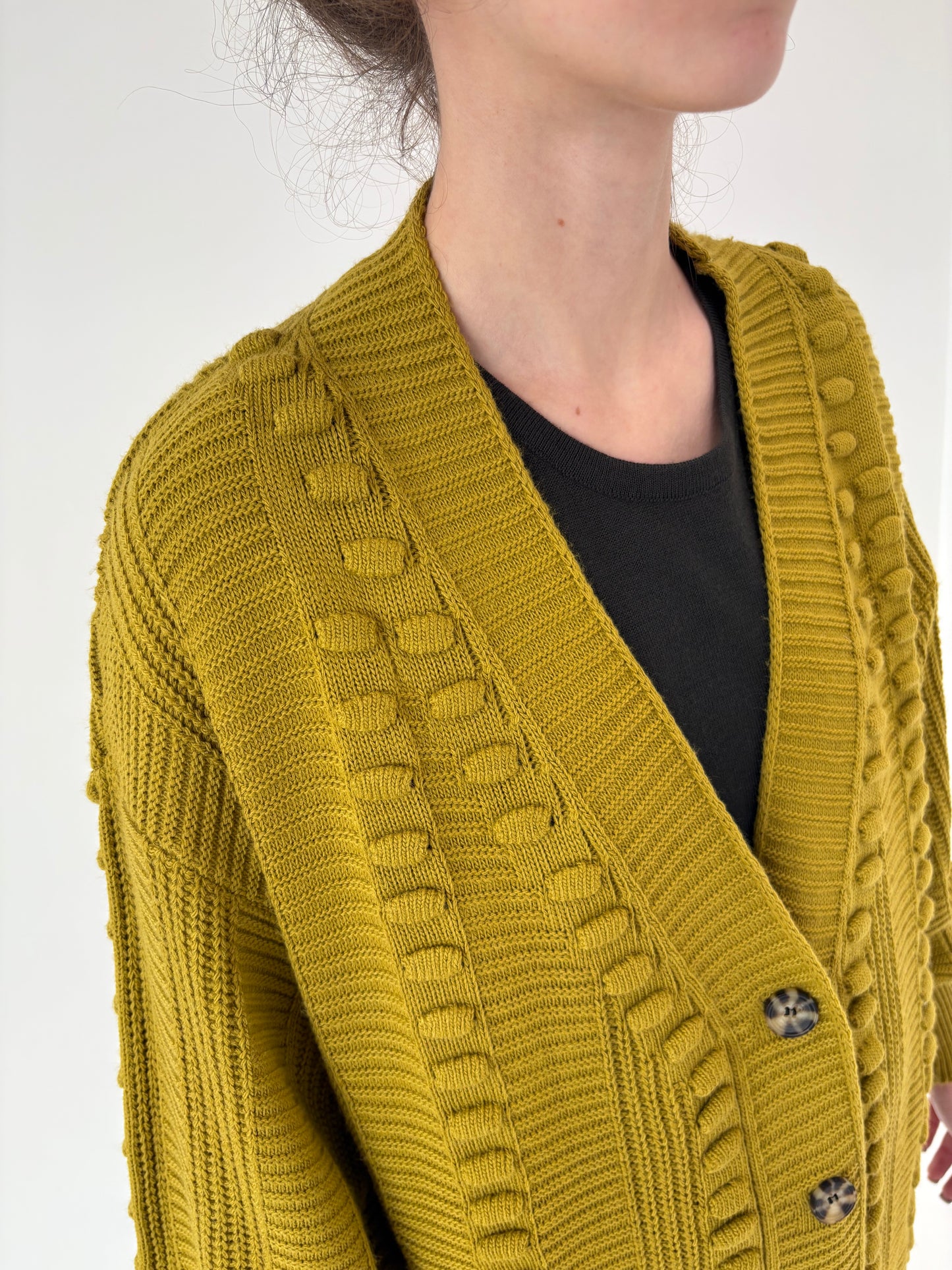 Cardigan gros mustard green de gramaj mare texturat din lana extrafina