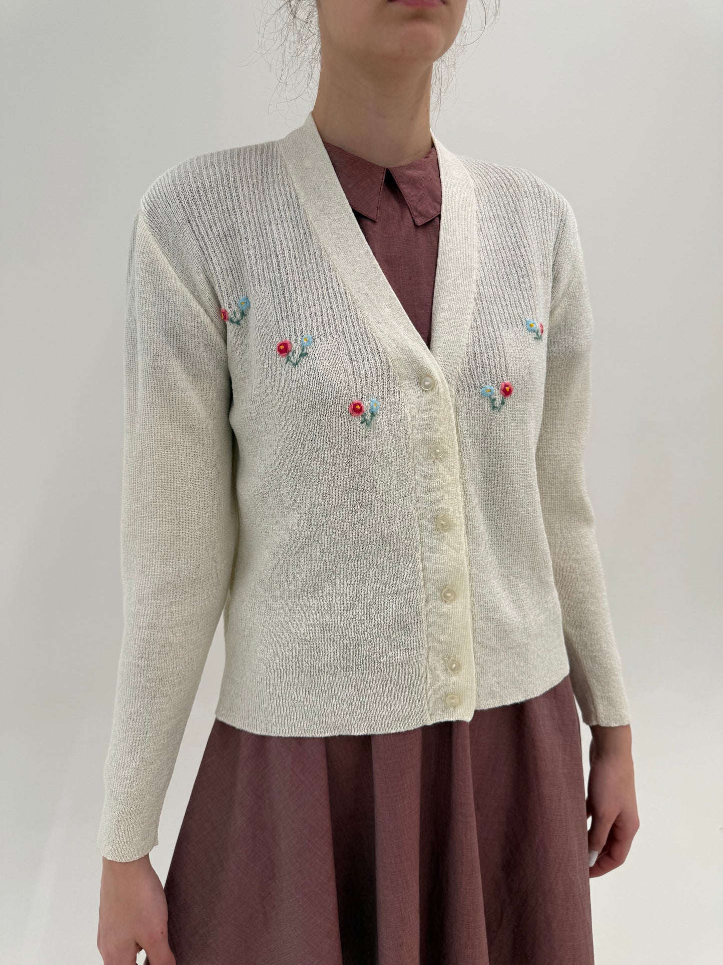 Cardigan vintage butter white din jerse crisp de bumbac cu broderie manuală