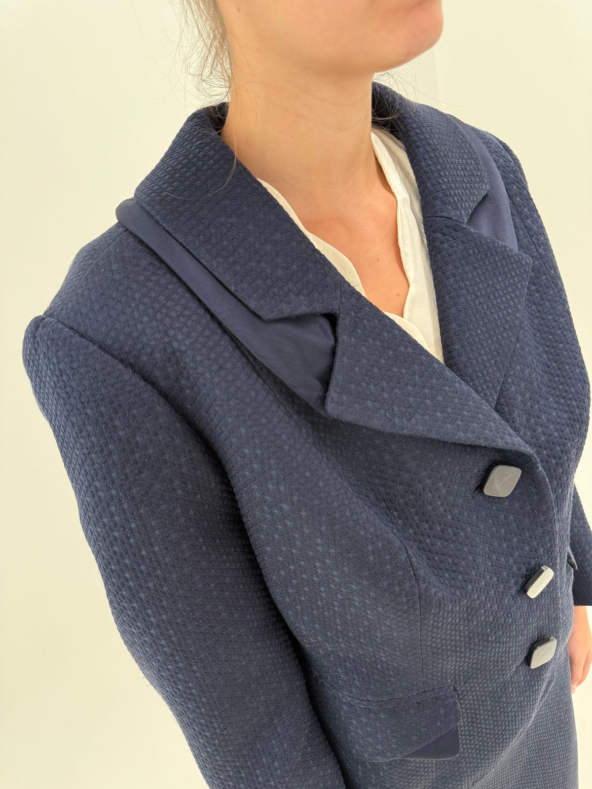 Deux piece din tweed de mătase naturală excepțională gros Navy blue