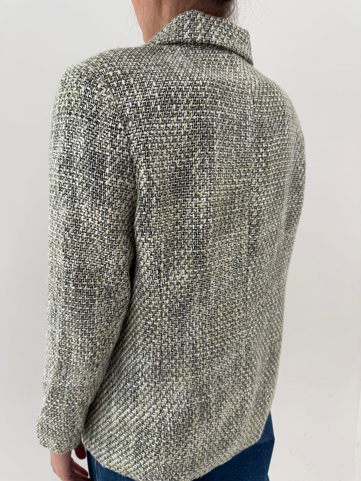 Sacou clasic din tweed bouclé exceptional alb, negru și butter yellow