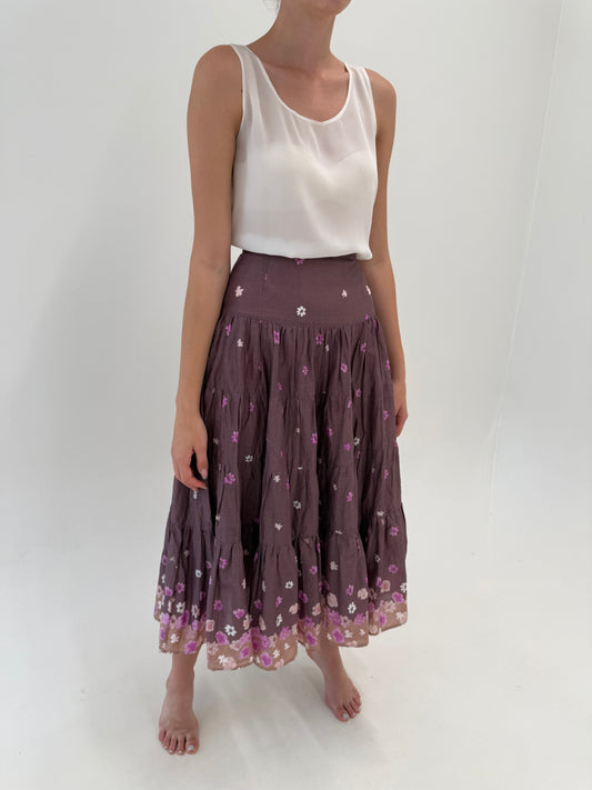 Fustă ultra amplă dusty lavender din bumbac cu talie ultra marcată midi lung