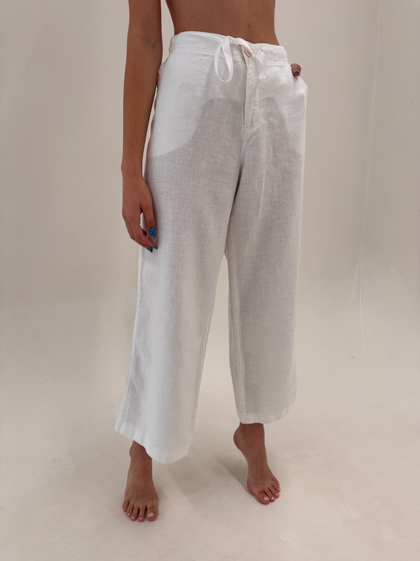 Pantaloni din in premium în croi drept cu talie reglabilă