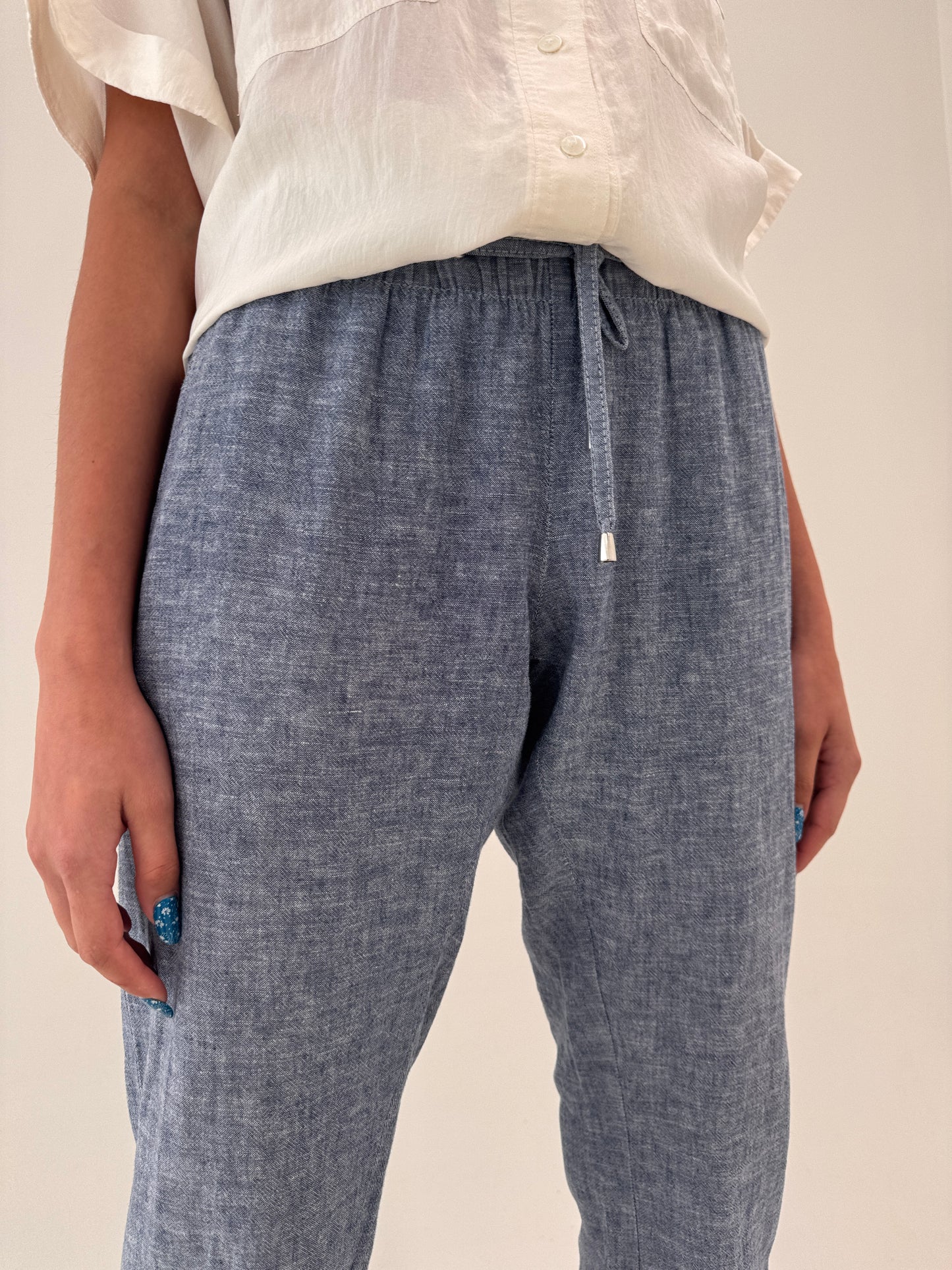 Pantaloni jeans blue din pânză de in melanj cu talie ultra elastică reglabilă