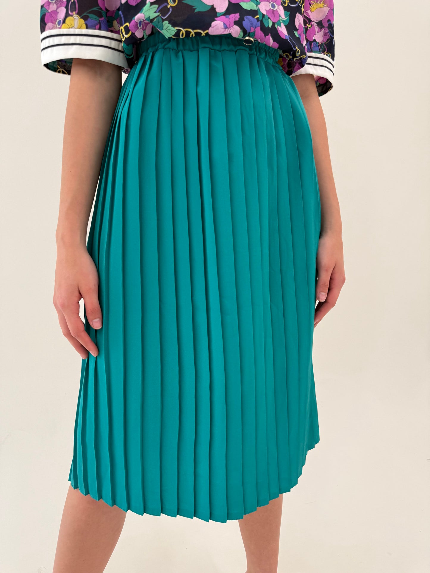 Fustă vintage plisată din vâscoza teal blue cu talie ultra înaltă elastică