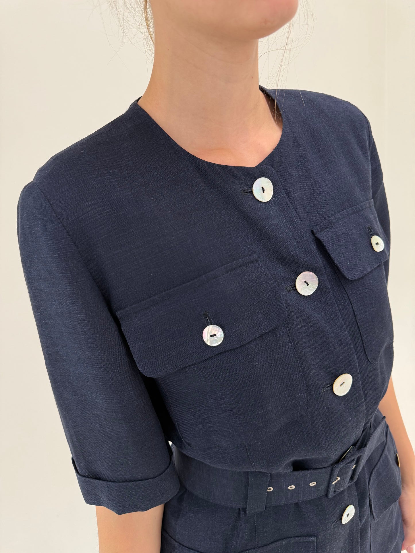Jacheta din pânză navy blue cu talie marcată reglabilă
