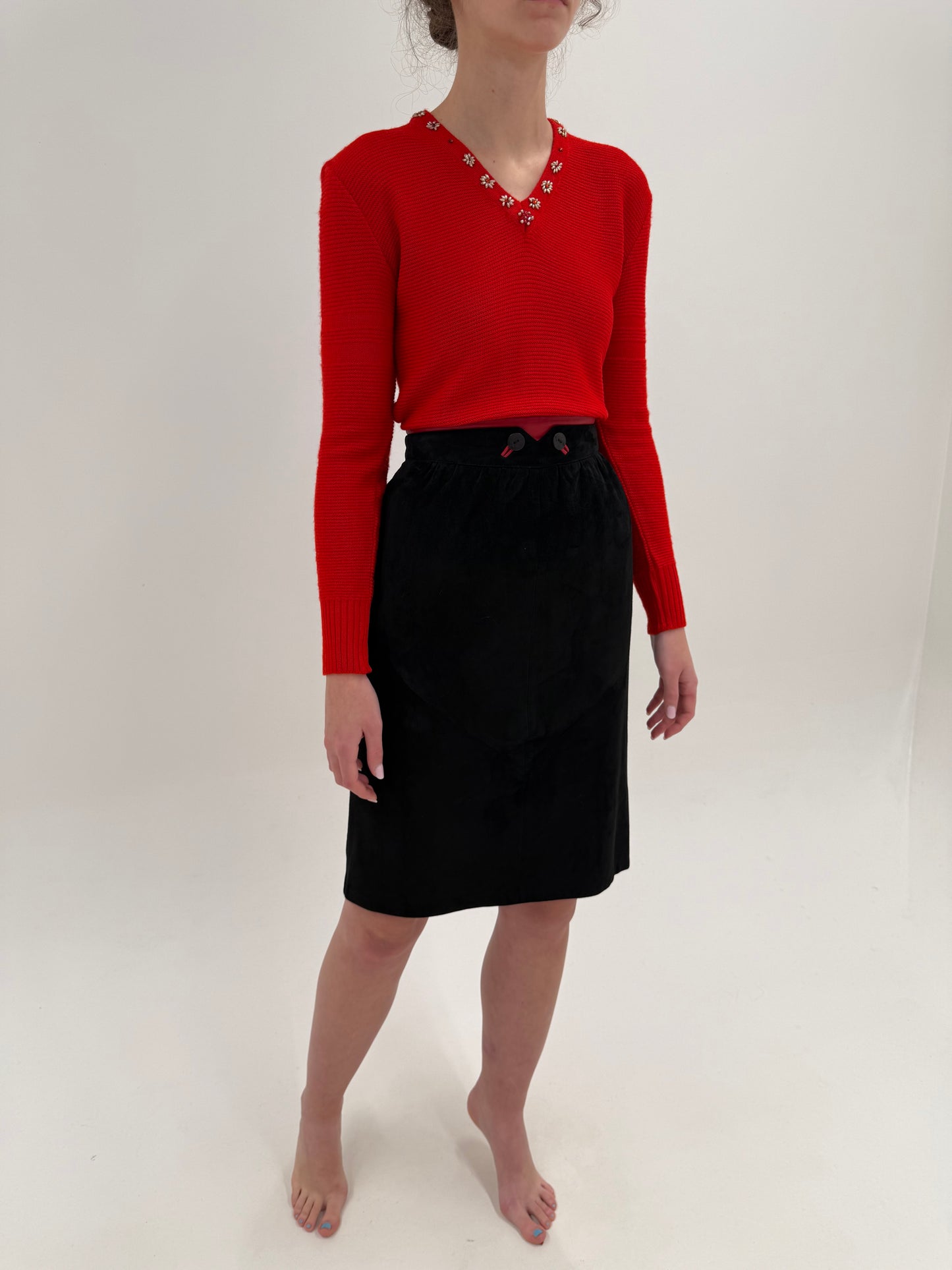 Fustă neagră vintage din piele naturală mănușă cu detaliu chic în talie