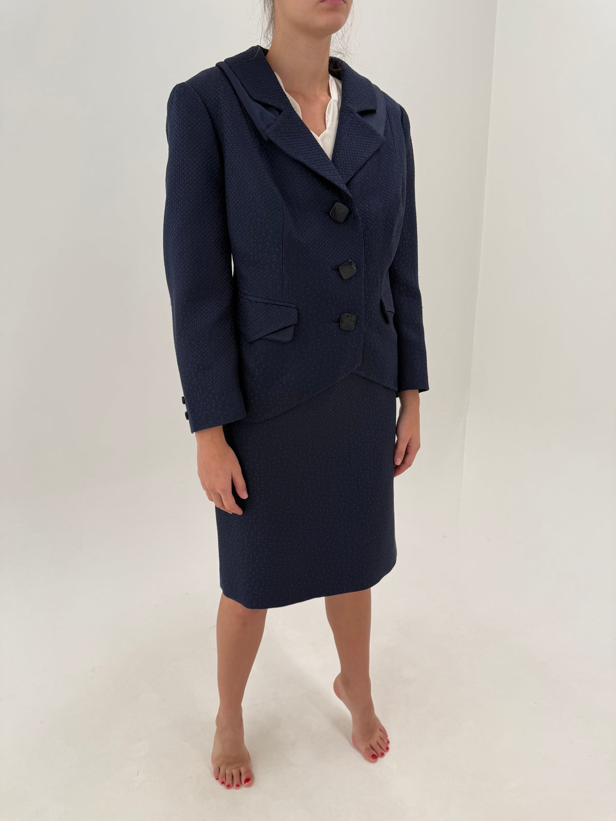 Deux piece din tweed de mătase naturală excepțională gros Navy blue