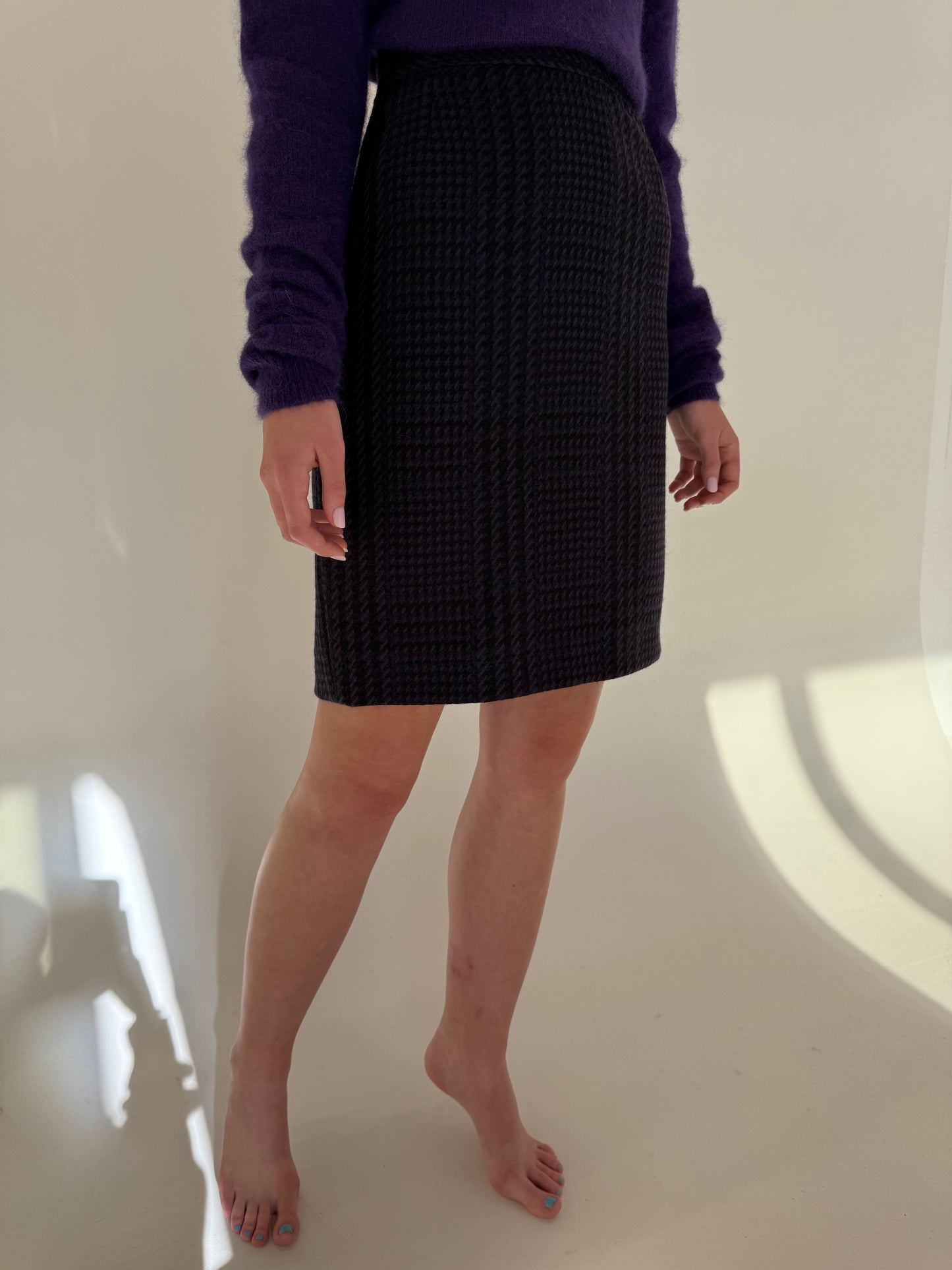 Set vintage din Tartan de lana pied du coq aubergine cu sacou cambrat