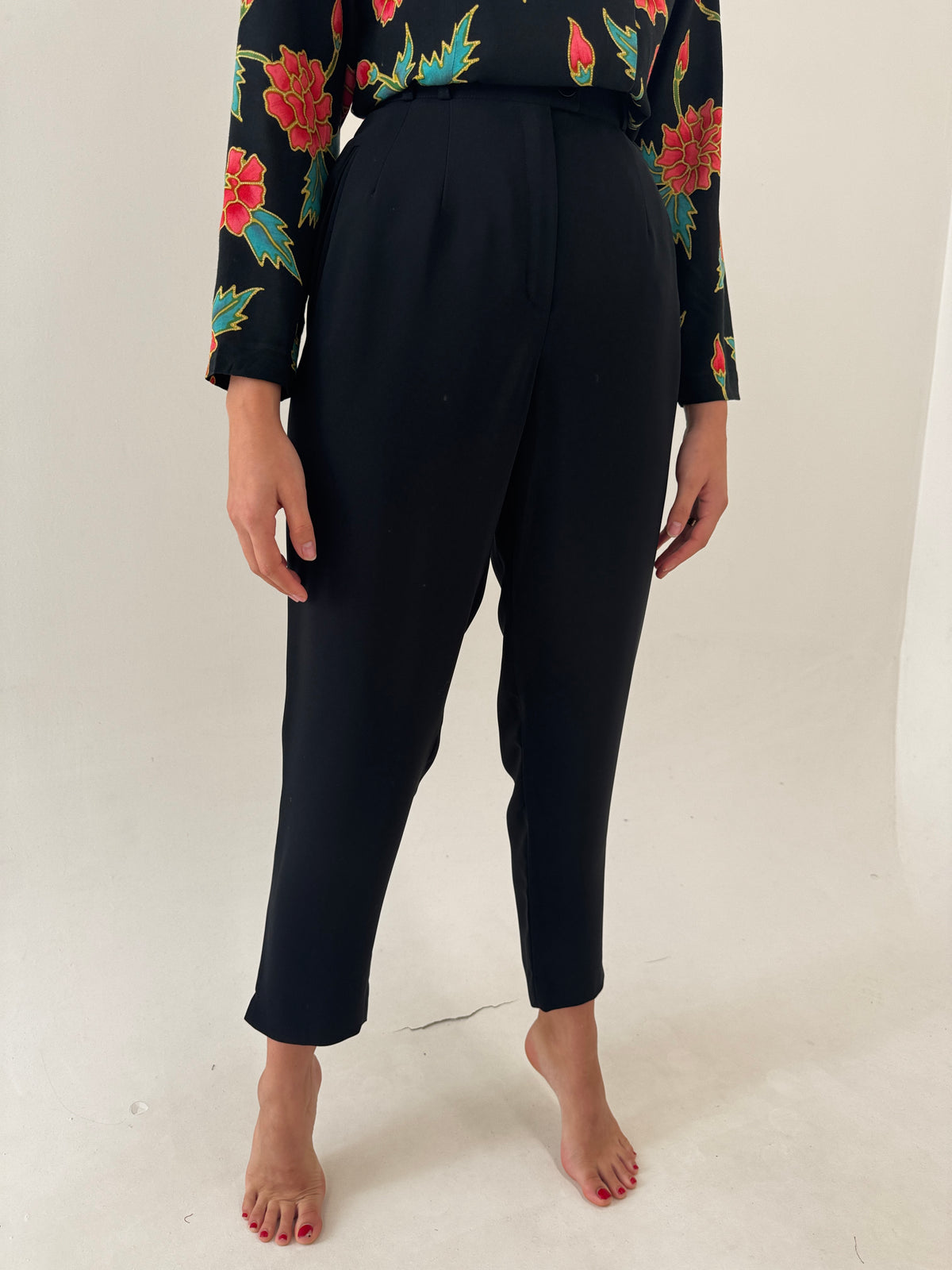 Pantaloni business negri de toamnă cu talie ultra înaltă din twill plin