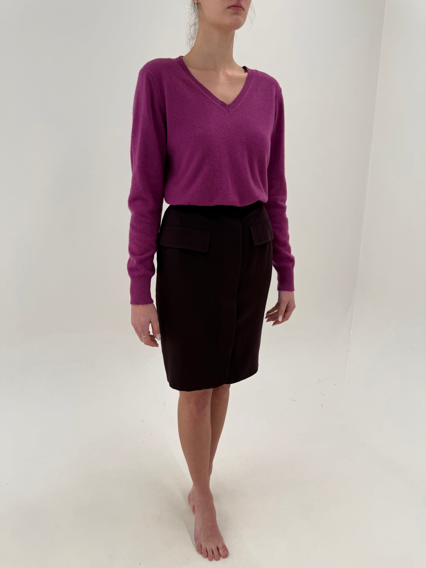 Fustă conică cu talie ultra înaltă din lana extrafina aubergine