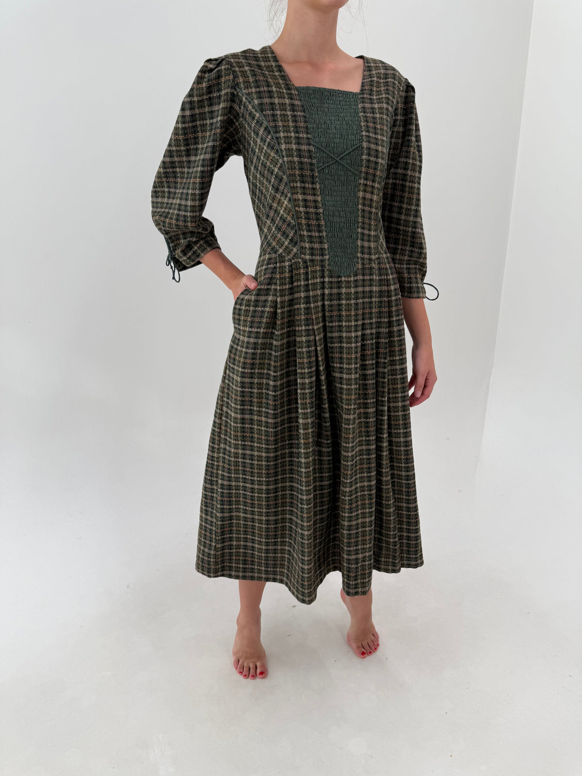Rochie vintage maxi din tweed moale cu corsaj și buzunare în nuanțe de verde