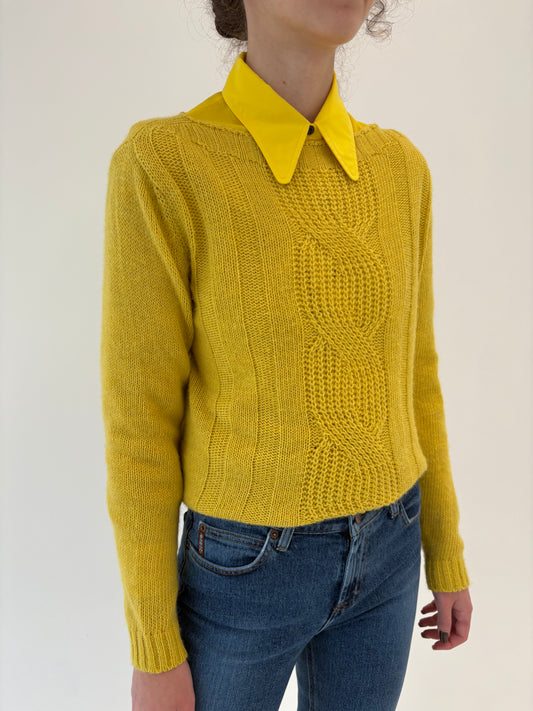 Pulover plin din lana și mohair extrafin mustard yellow
