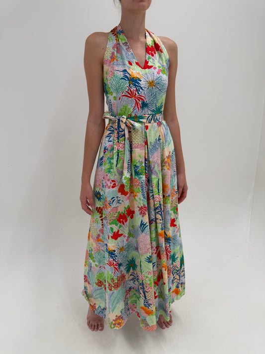 Rochie maxi cu print organic din panzica de bumbac ușor elastică confort